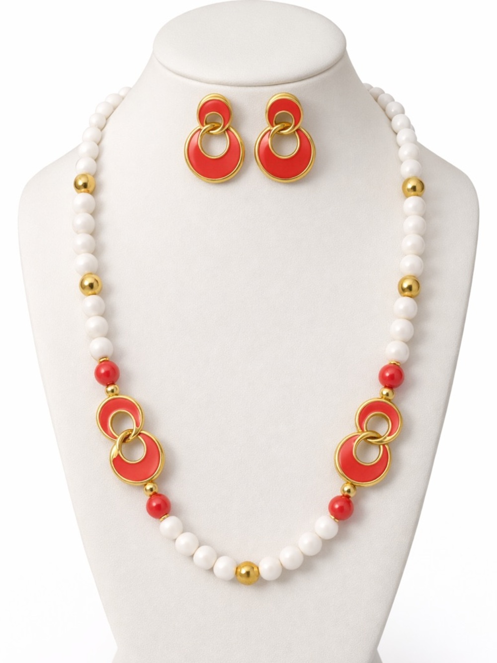 Vintage Signed Napier Necklace & Earrings Set Hot‎ Pink Enamel Gold Tone